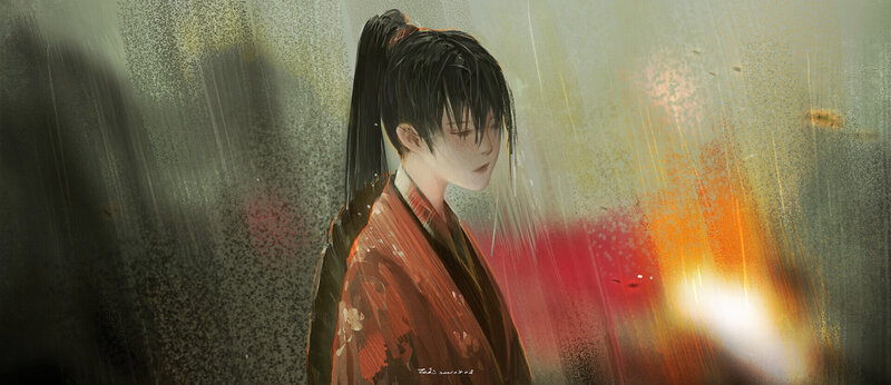Anime Character in Rain — Red