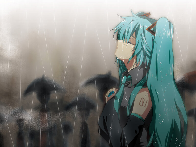 Anime Character in Rain — Teal, Melancholic