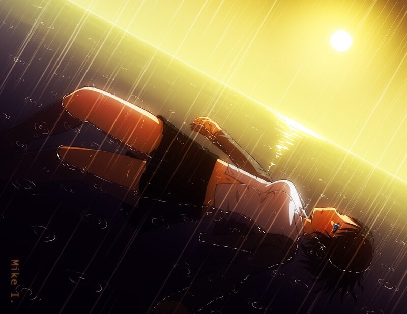 Anime character in rain under sun