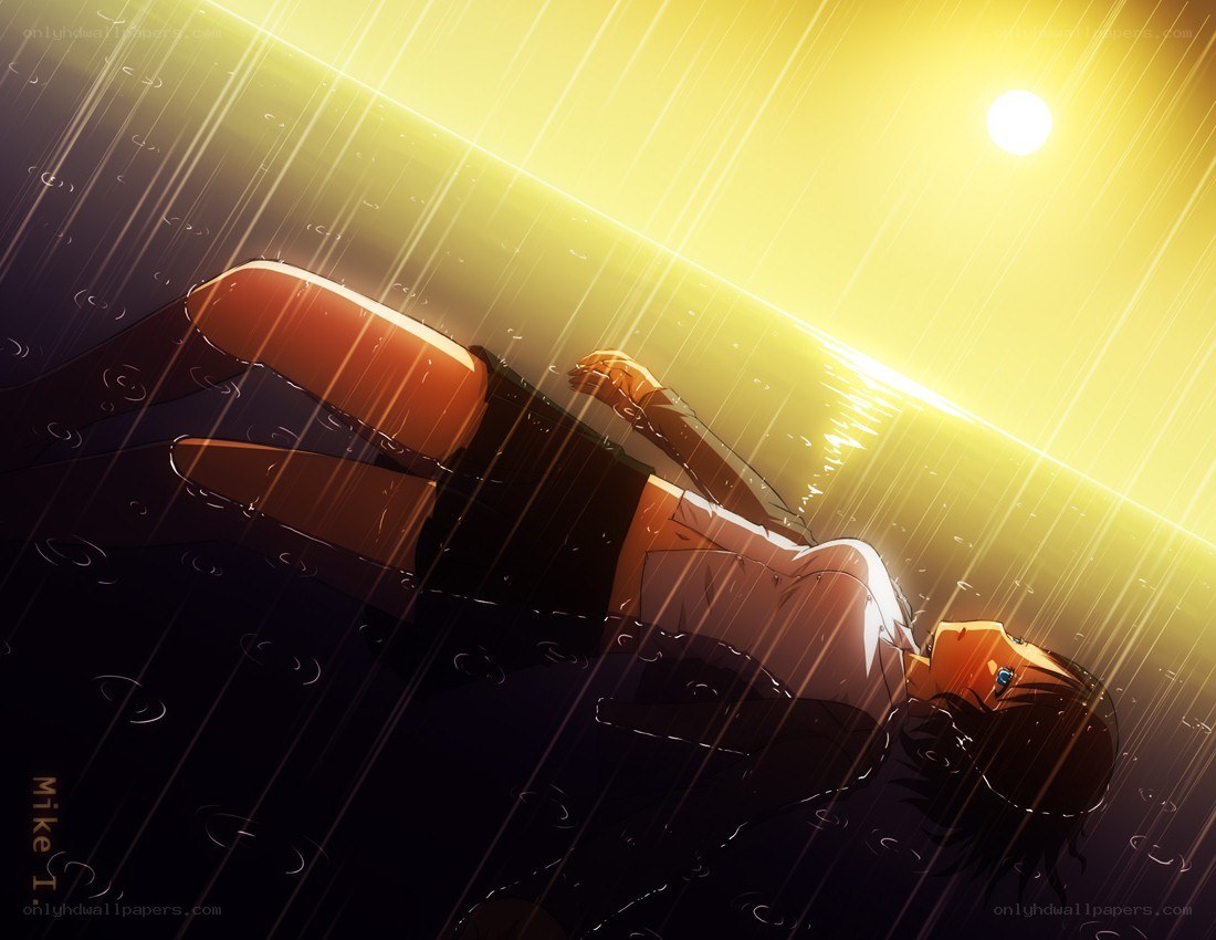 Anime character in rain under sun