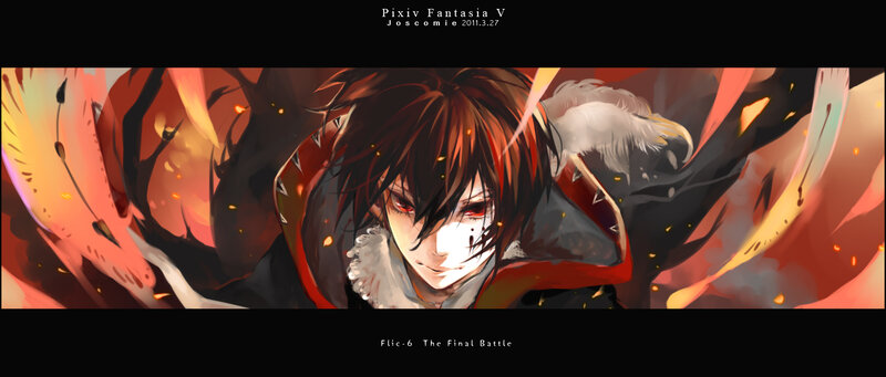 Anime Character in Red Cloak — Dramatic, Digital Art, Fire