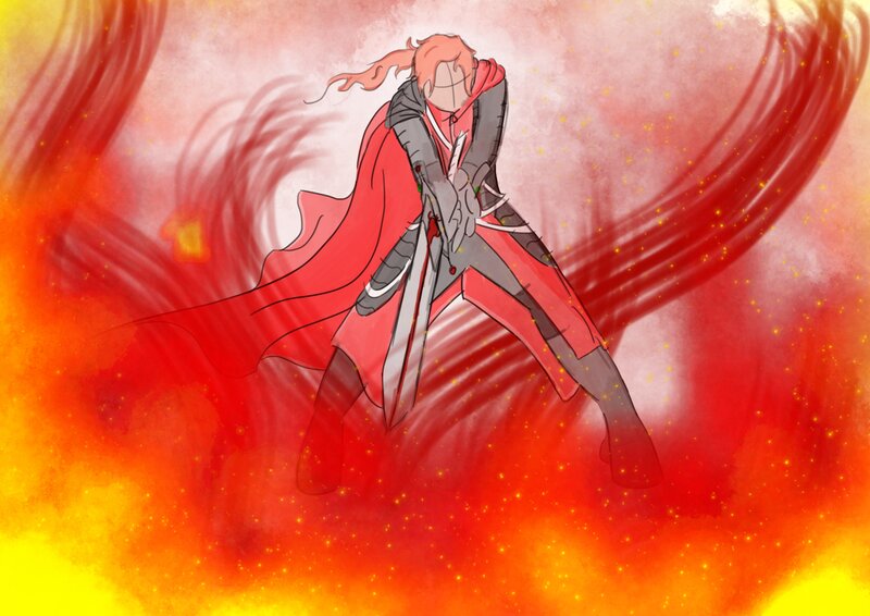 Anime Character in Red Cloak — Dramatic, Digital Art, Sword