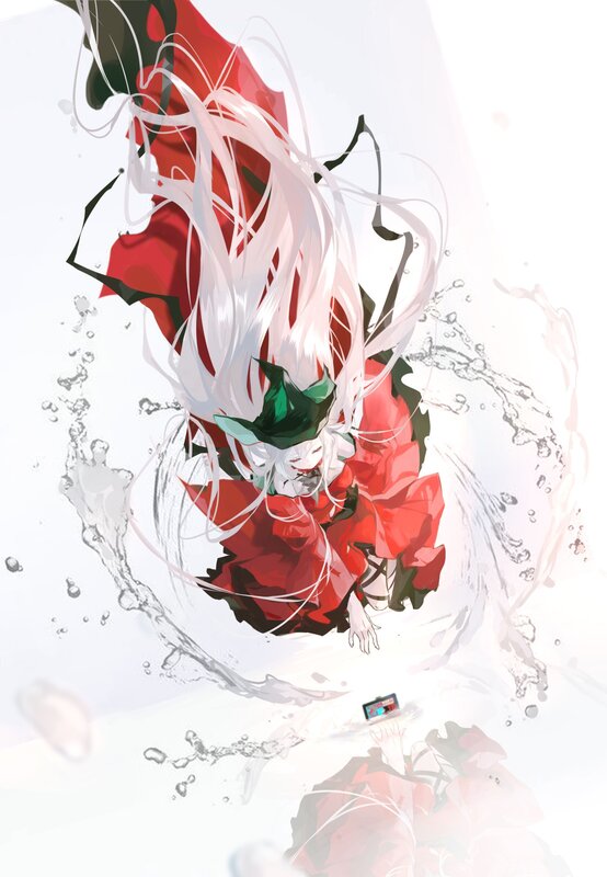 Anime Character in Red Dress — Dramatic, Digital Art, White Hair