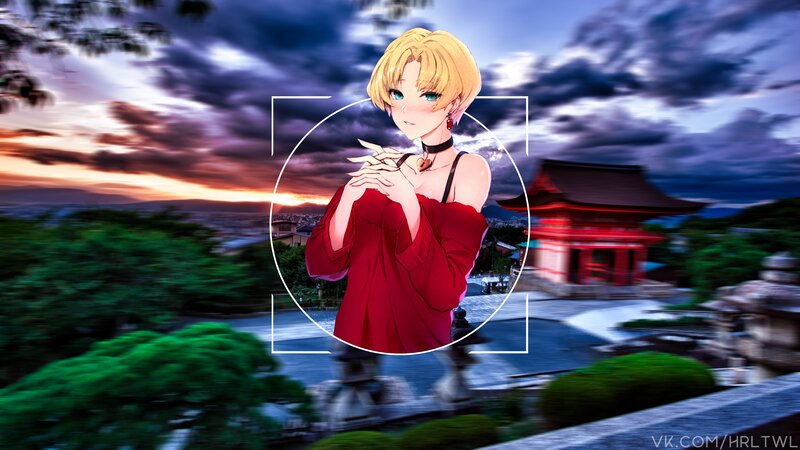Anime Character in Red Dress — Dramatic, Sunset