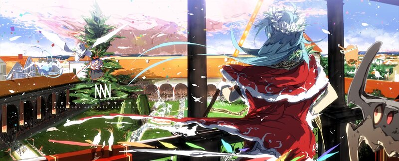 Anime character in red dress on balcony
