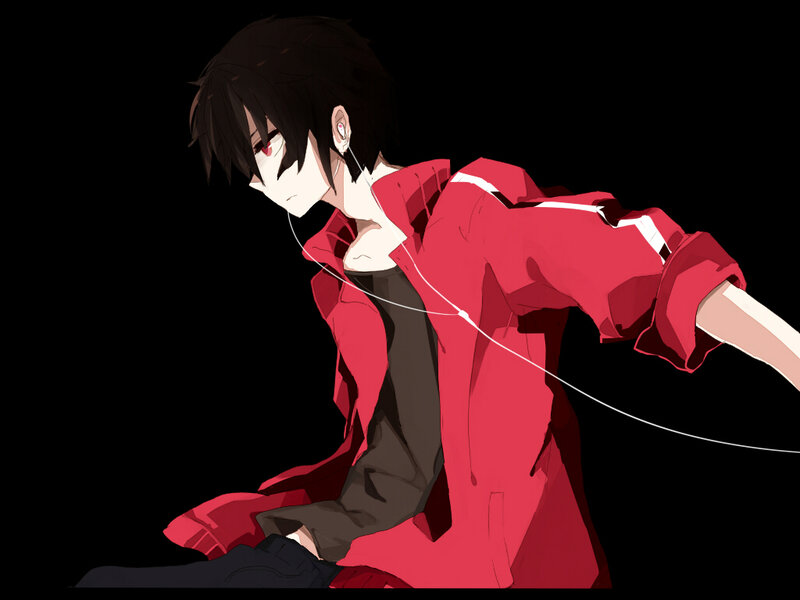 Anime Character in Red Jacket — Dramatic, Earbuds