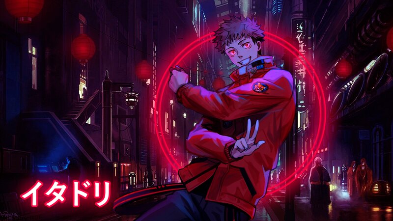 Anime Character in Red Jacket — Dramatic, Night