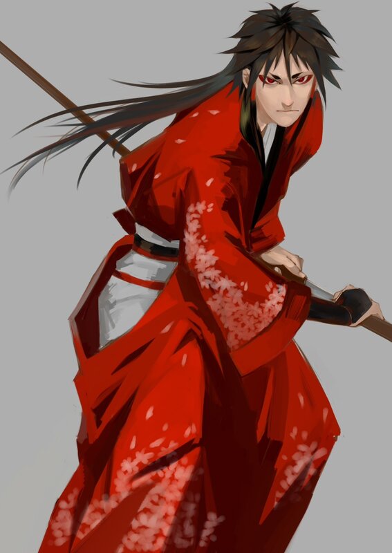 Anime Character in Red Kimono — Dramatic, Digital Art, Sword