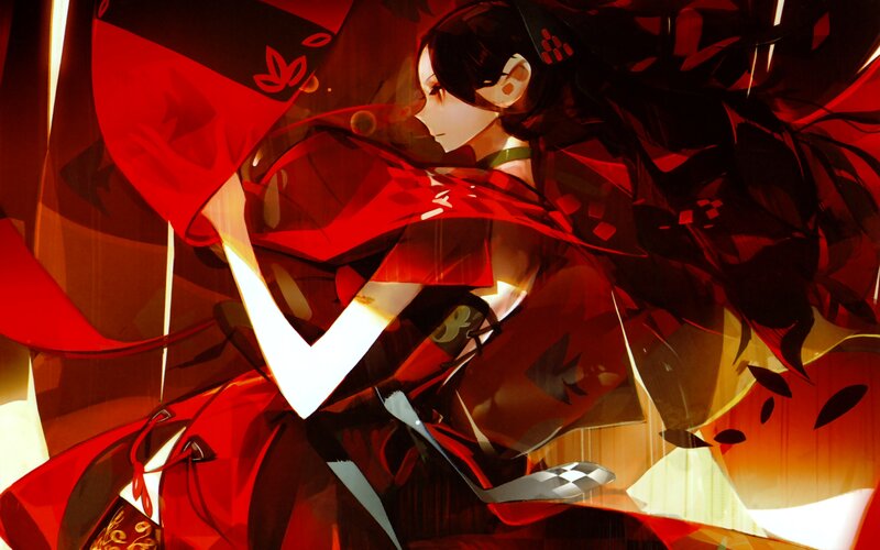 Anime Character in Red Kimono — Dramatic, Digital Art
