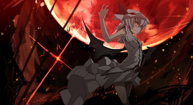 anime character in red moonlight