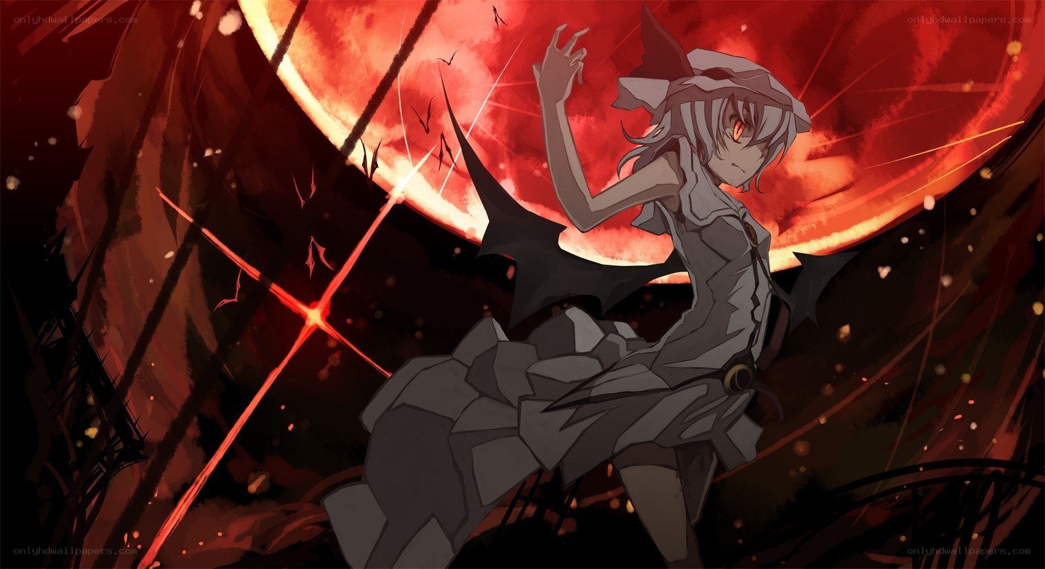 anime character in red moonlight
