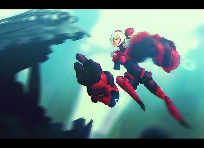 Anime Character in Red Suit — Dramatic, Digital Art, Robotic Suit