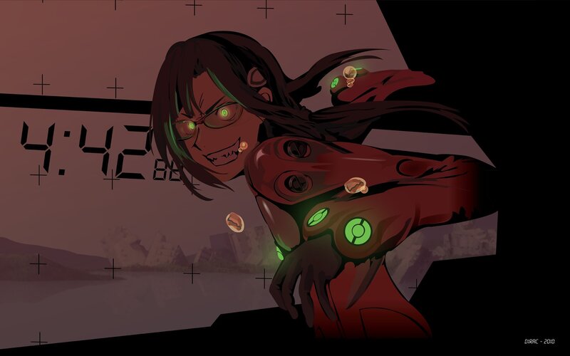 Anime Character in Red Suit — Dramatic, Night
