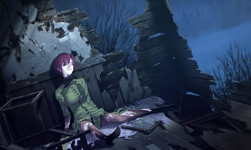 Anime character in ruined building