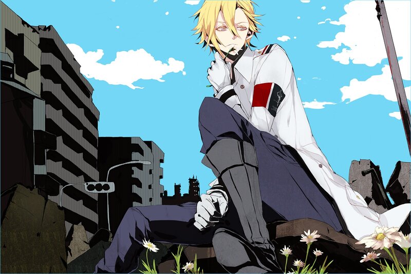 Anime character in ruined city