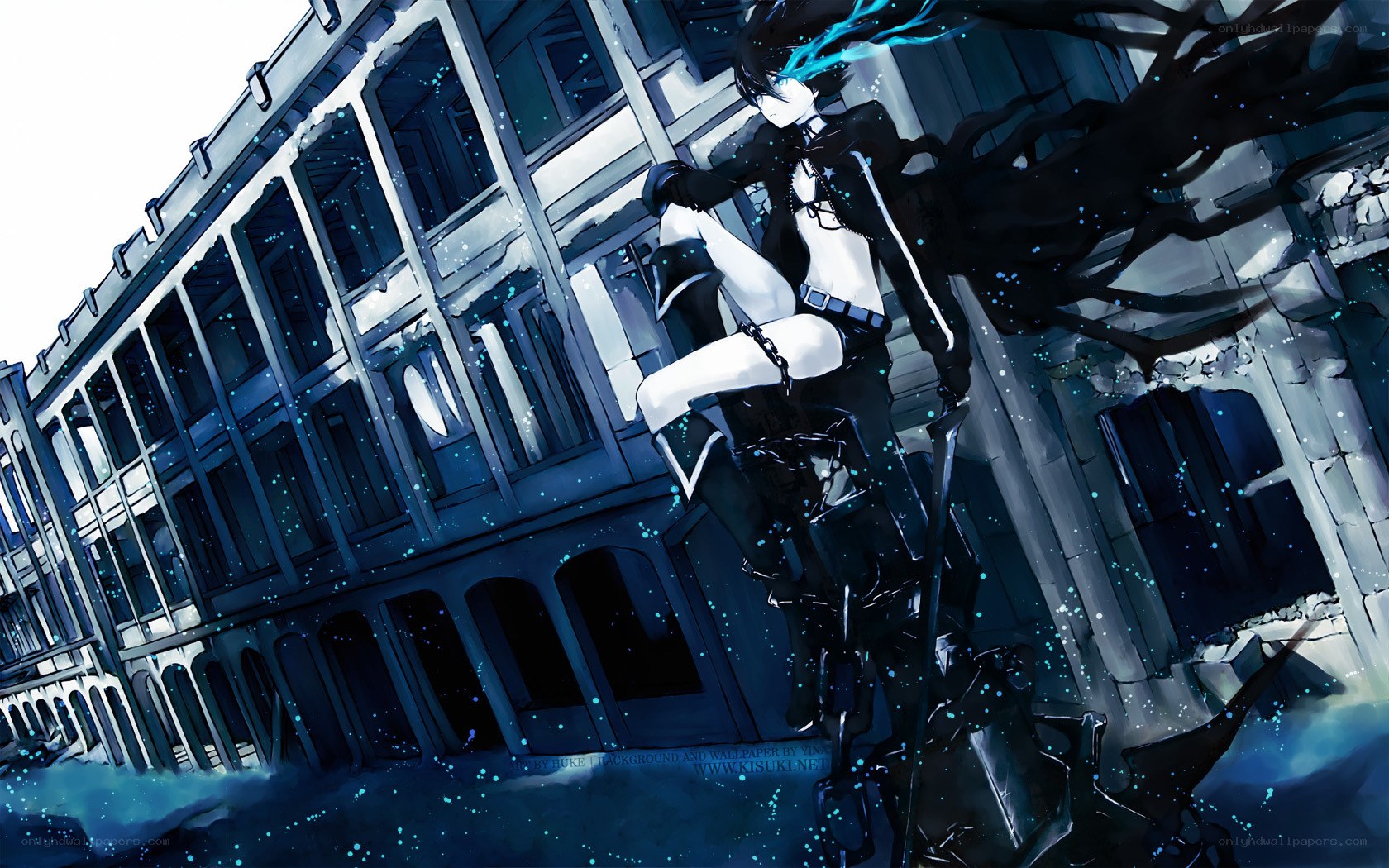 anime character in ruined city