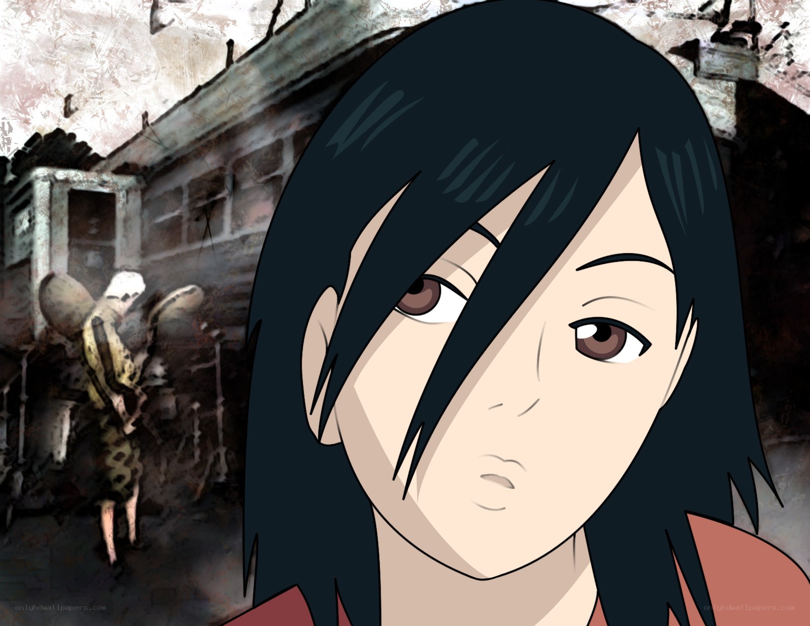 anime character in ruined setting