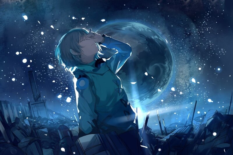 Anime Character in Ruins — Blue, Dramatic, Night