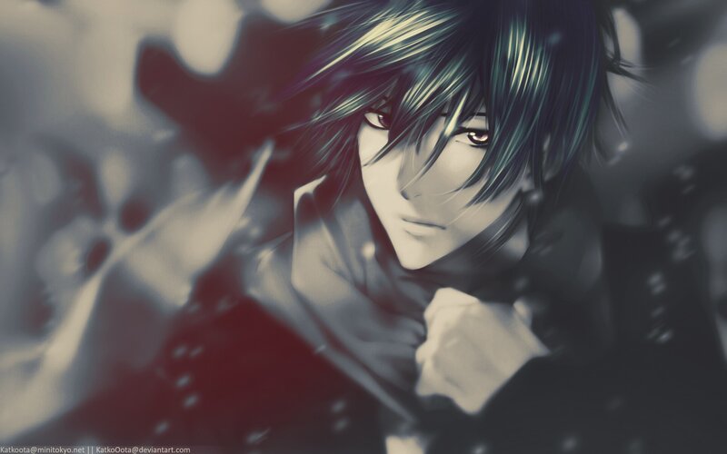 Anime Character in Snow — Black, Dramatic, Winter, Digital Art, Scarf