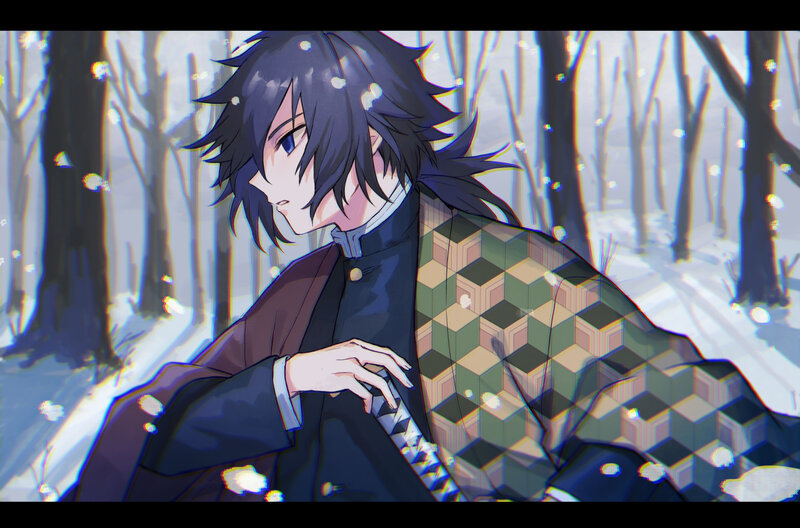 Anime Character in Snow — Black, Serene