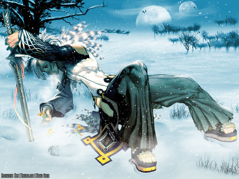 Anime Character in Snow — Blue, Dramatic, Night, Manga