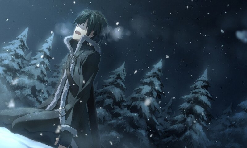 Anime Character in Snow — Blue, Melancholic, Winter, Pine Trees
