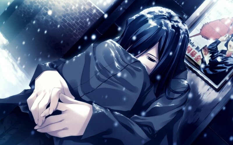 Anime Character in Snow — Blue, Melancholic, Winter