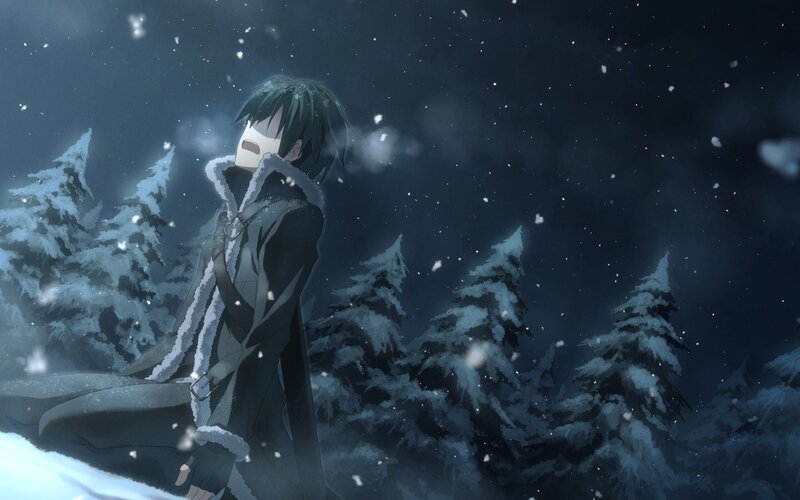 Anime Character in Snow — Blue, Melancholic, Winter, Trees