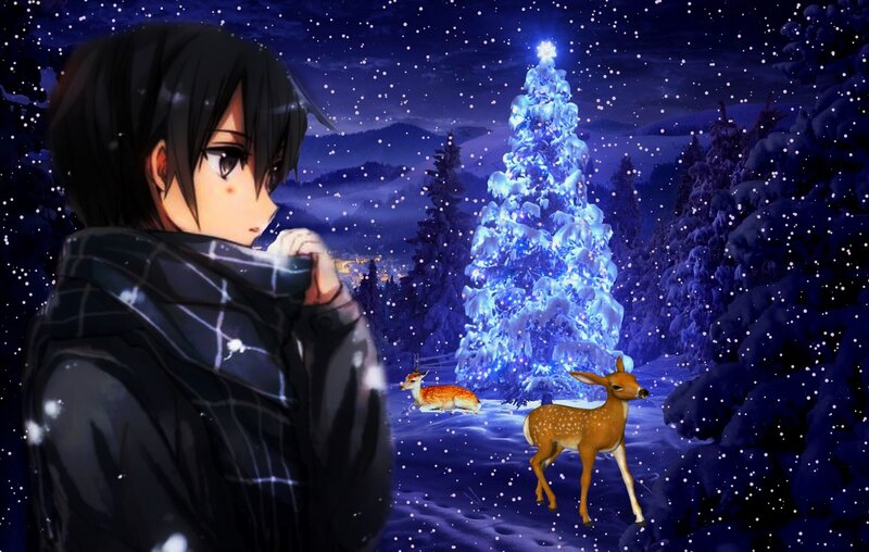Anime Character in Snow — Blue, Serene, Night