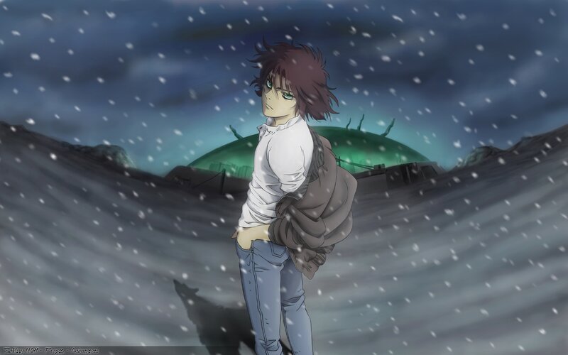 Anime Character in Snow — Gray, Dramatic
