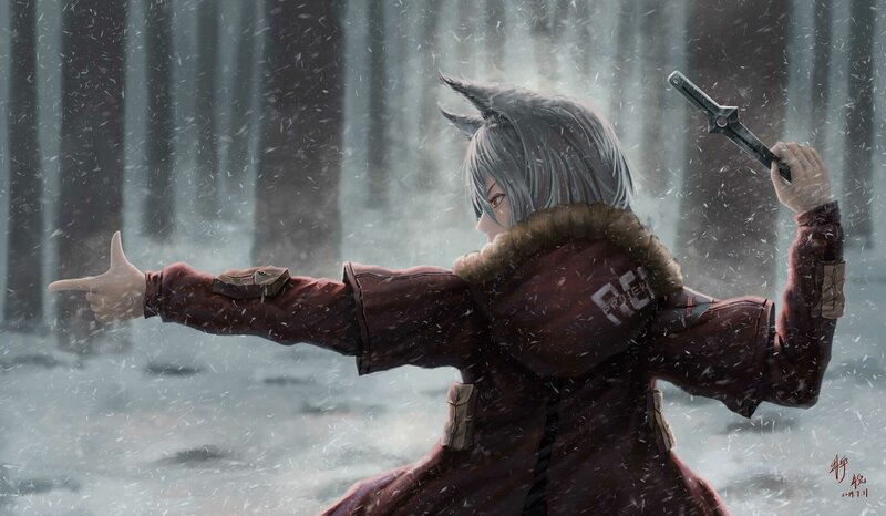 Anime Character in Snow — Gray, Dramatic, Winter, Digital Art