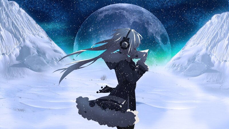 Anime Character in Snow — White, Dramatic, Night, Digital Art, Moon