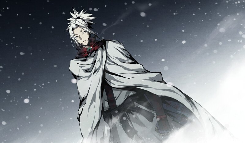 Anime Character in Snow — White, Dramatic, Winter, Cloak, Spiky Hair, Black