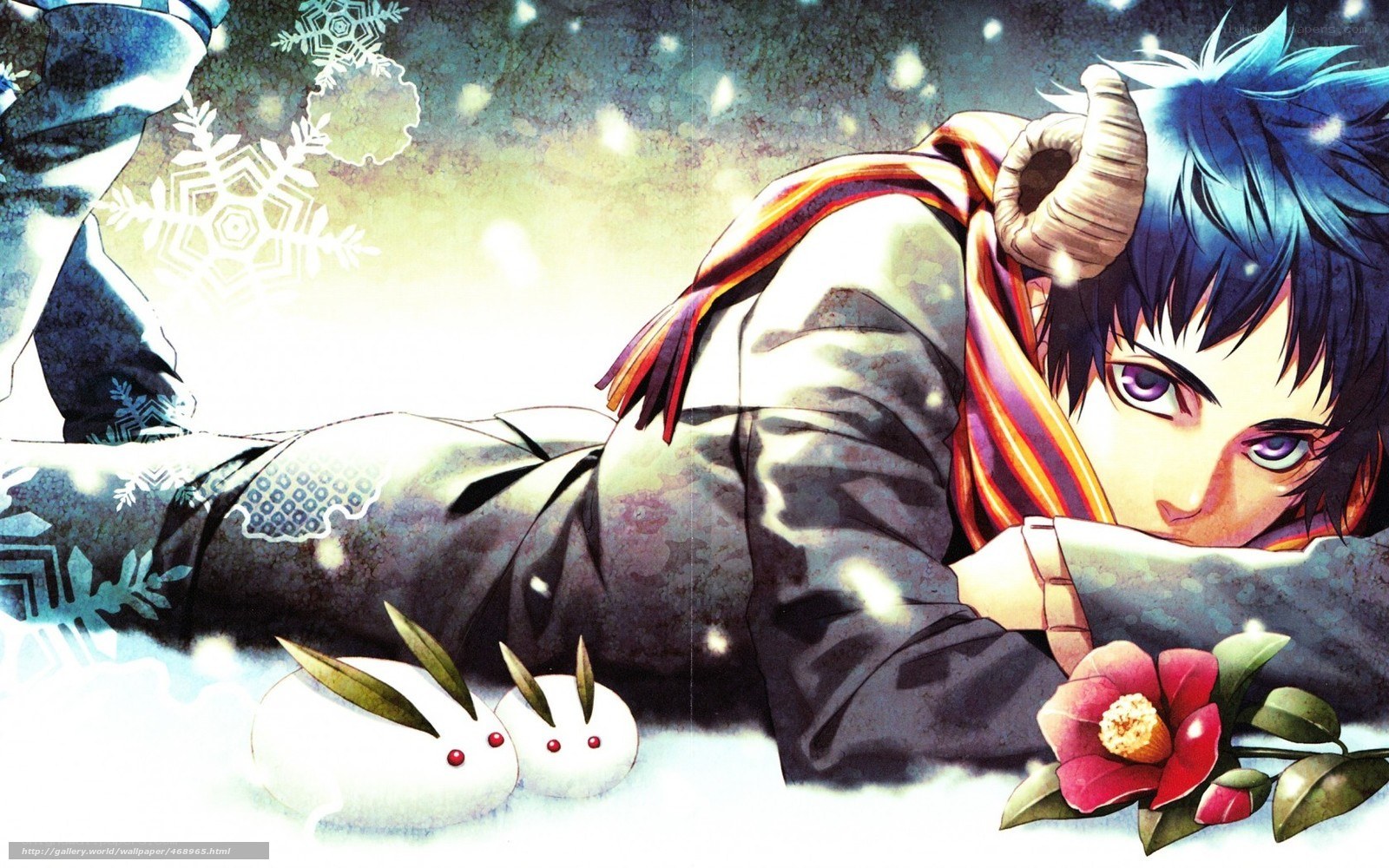 Anime character in snow with rabbits