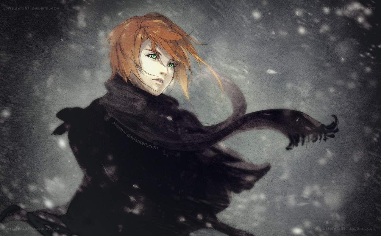 anime character in snowstorm