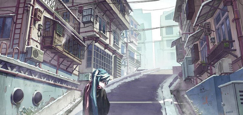 anime character in snowy alley