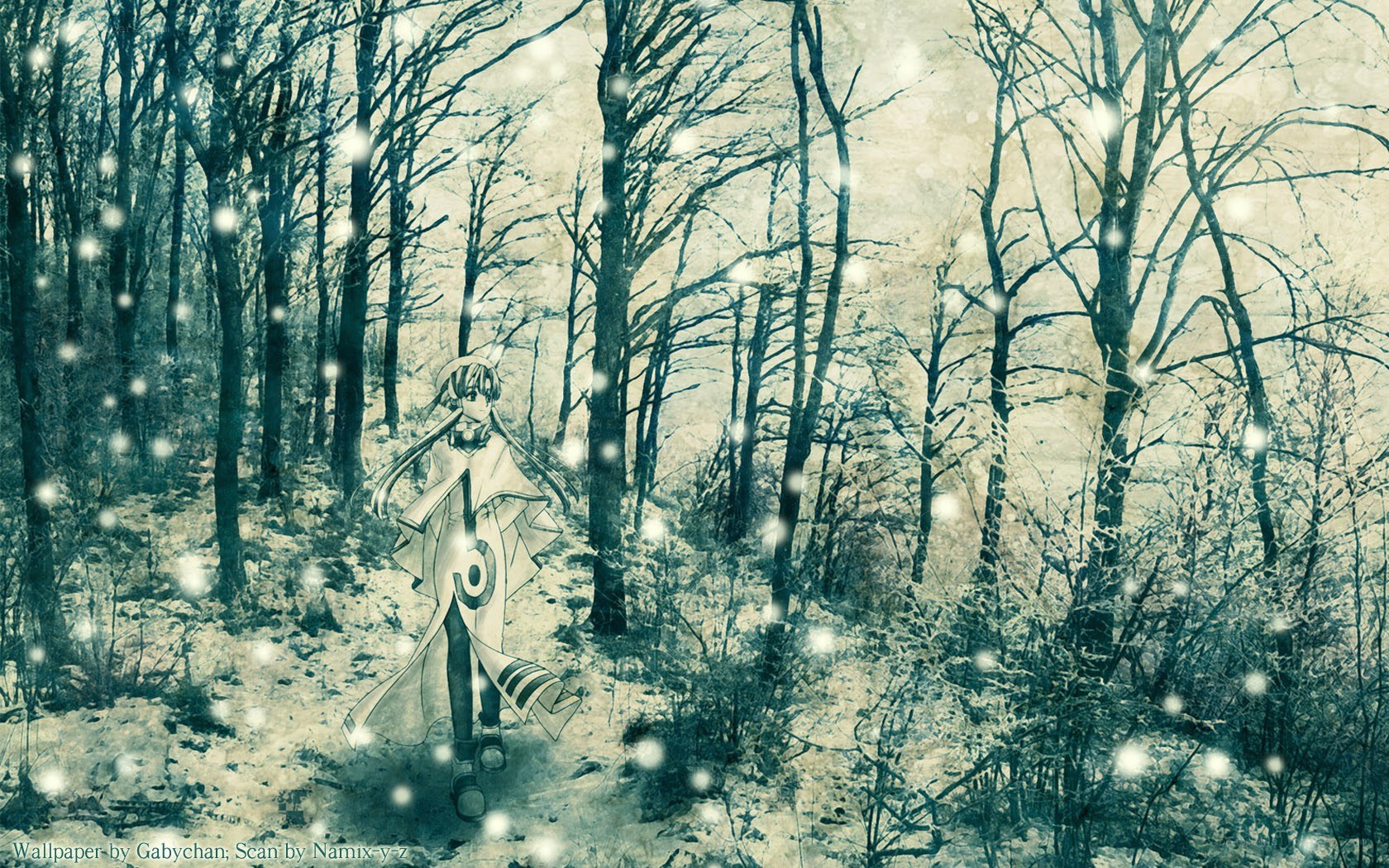 Anime character in snowy forest