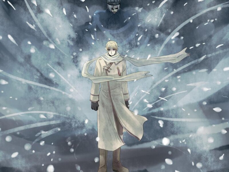 Anime character in snowy storm