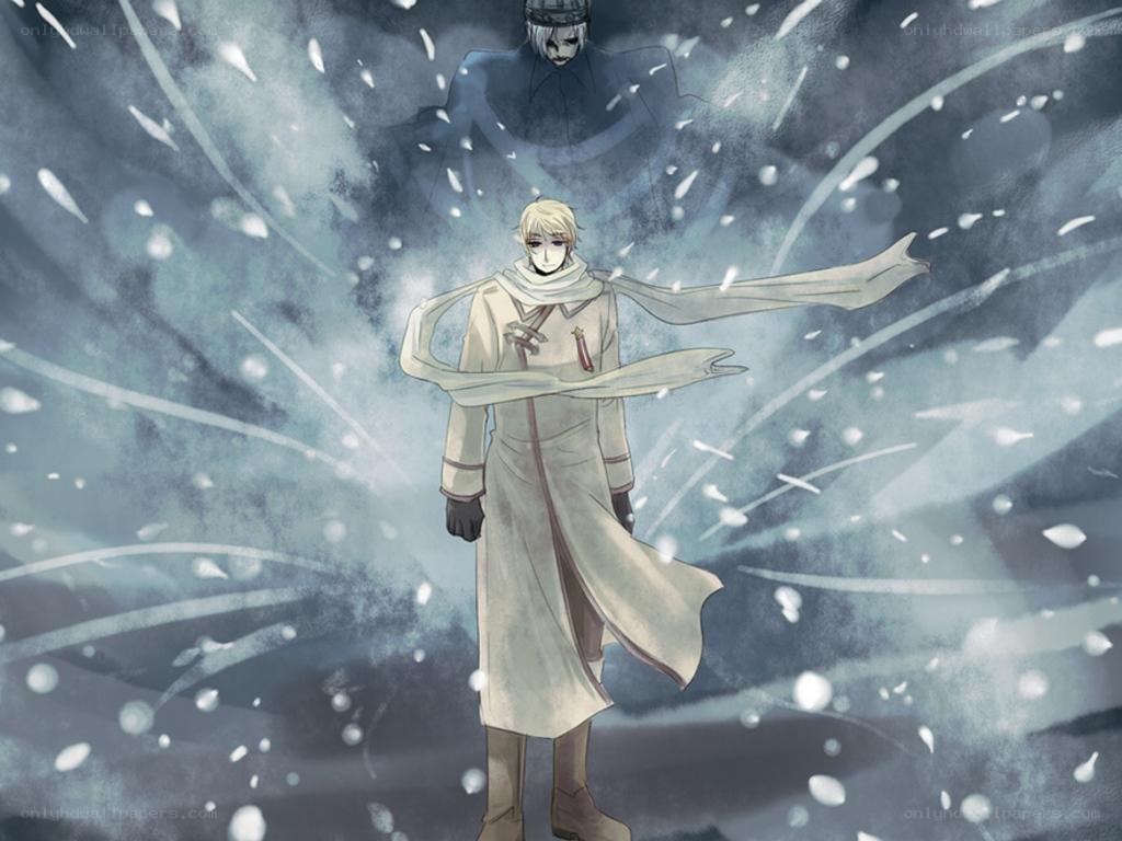 Anime character in snowy storm
