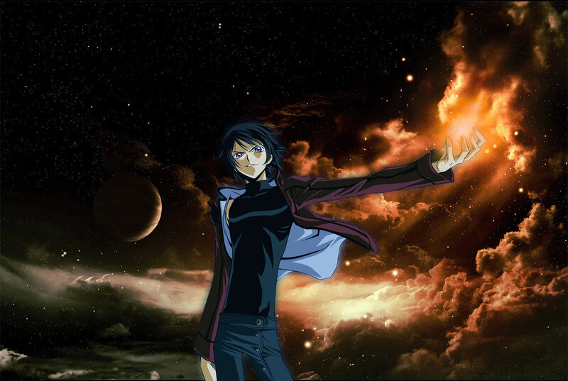 Anime Character in Space — Black, Dramatic, Night, Planet, Stars