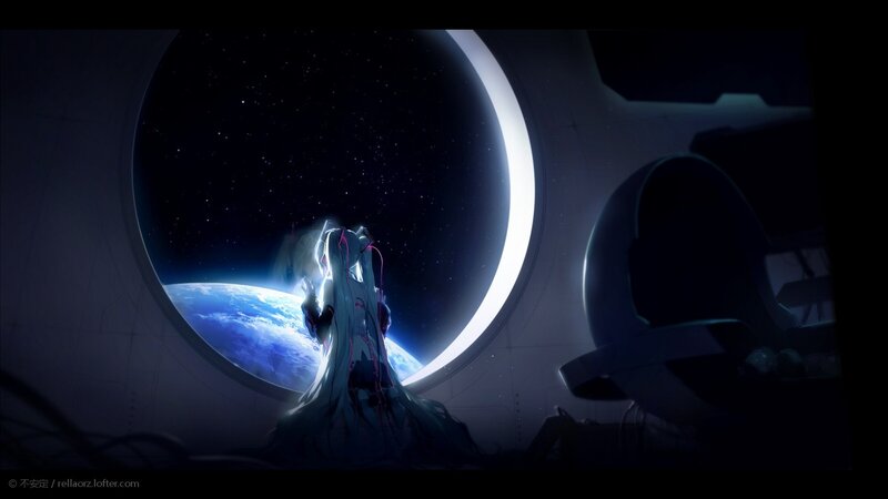 Anime Character in Space — Blue, Dramatic, Night, Digital Art, Earth