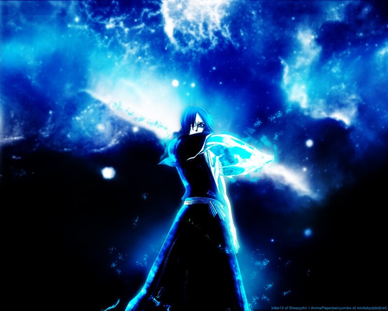 Anime Character in Space — Blue, Dramatic, Night, Digital Art, Energy Blast