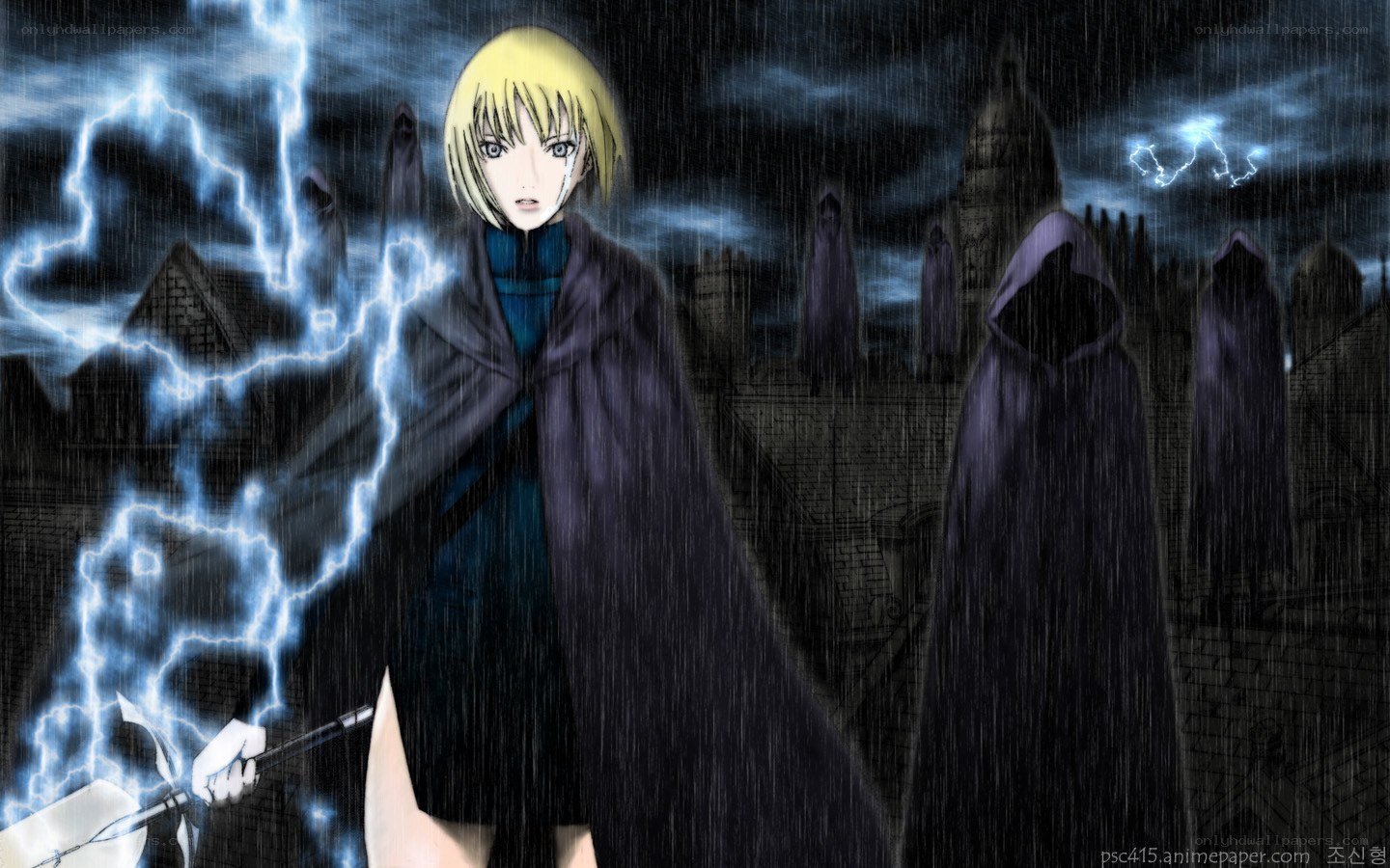 Anime character in stormy scene