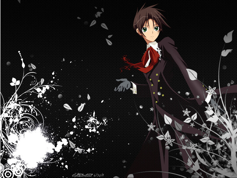 Anime Character in Suit — Black, Dramatic, Flowers