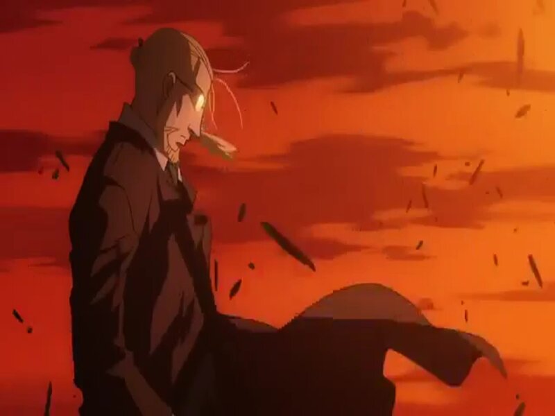 Anime Character in Suit — Red, Dramatic, Sunset