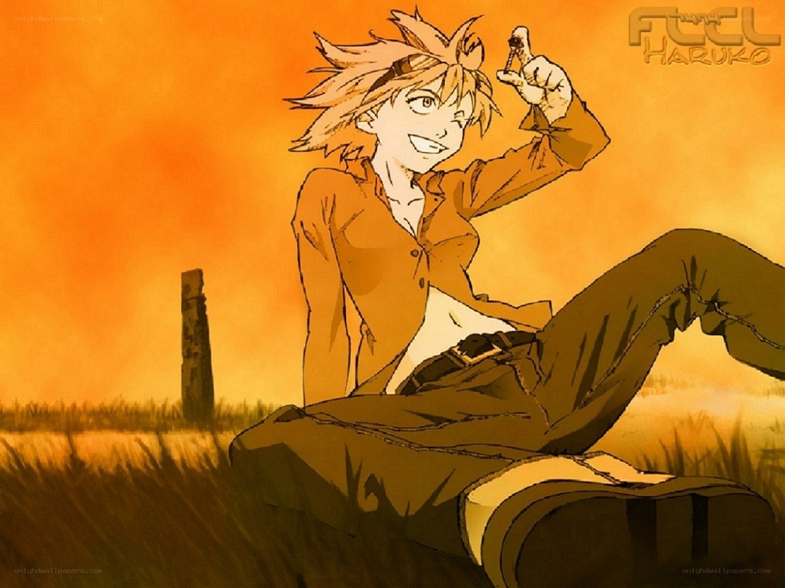 Anime character in sunset field