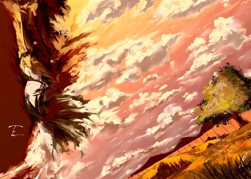 Anime Character in Sunset — Orange, Dramatic, Digital Art