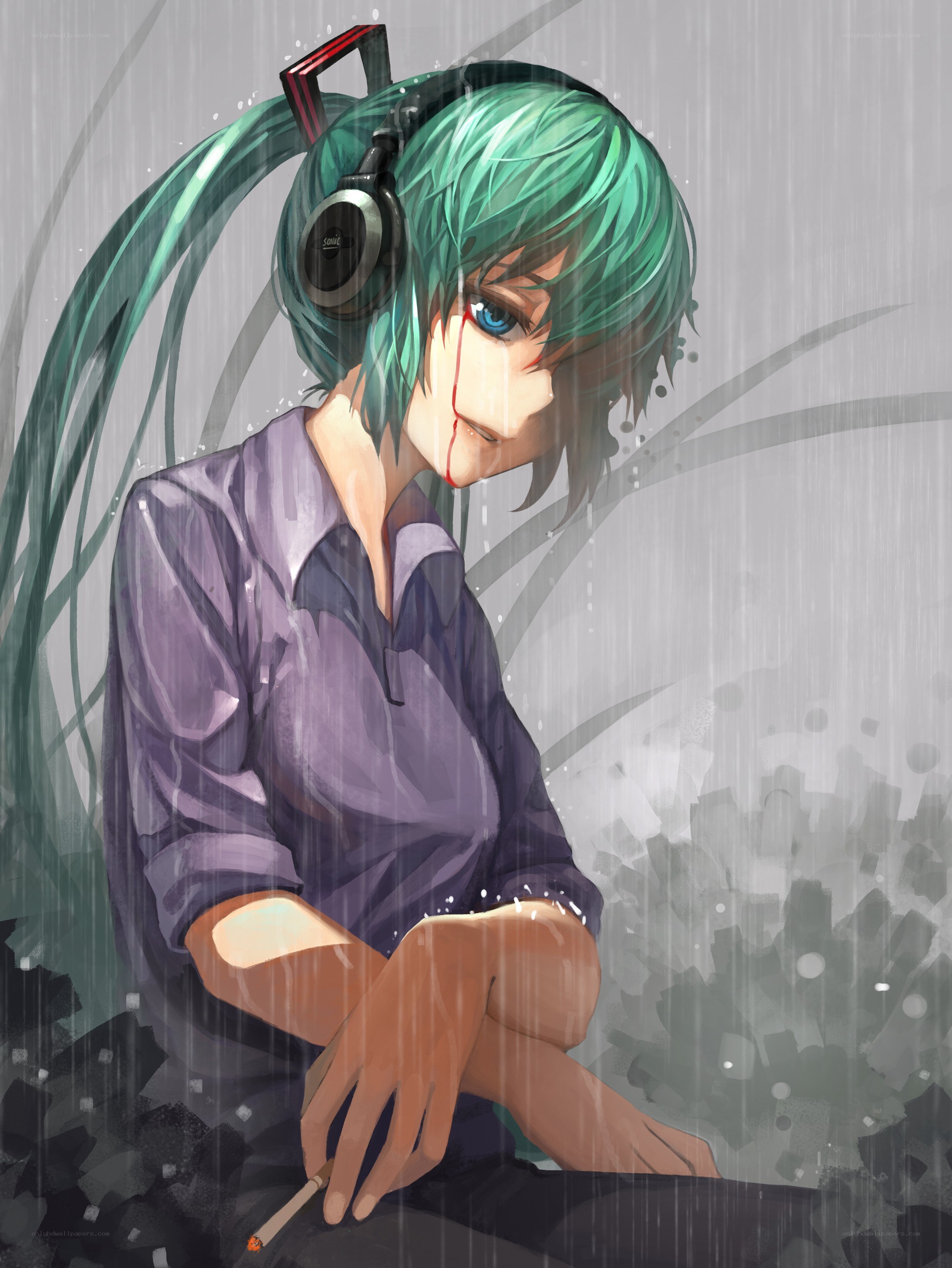 Anime character in the rain