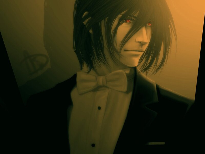 Anime Character in Tuxedo — Black, Dramatic, Sunset