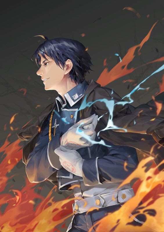 Anime Character in Uniform — Blue, Dramatic, Digital Art, Fire